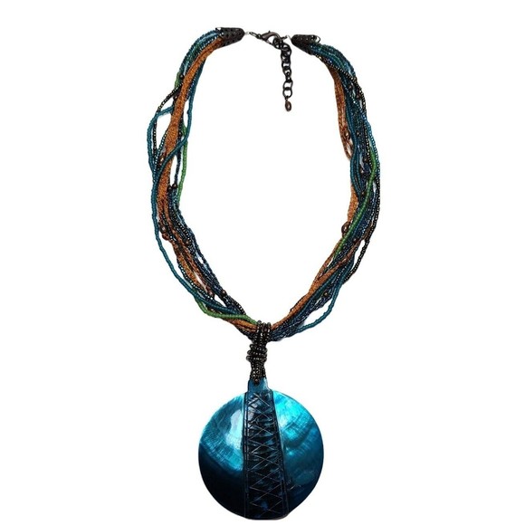 Mother of Pearl Pendant Necklace Dyed Ocean Blue Beaded Multi-Strand 24 in. - Picture 2 of 9